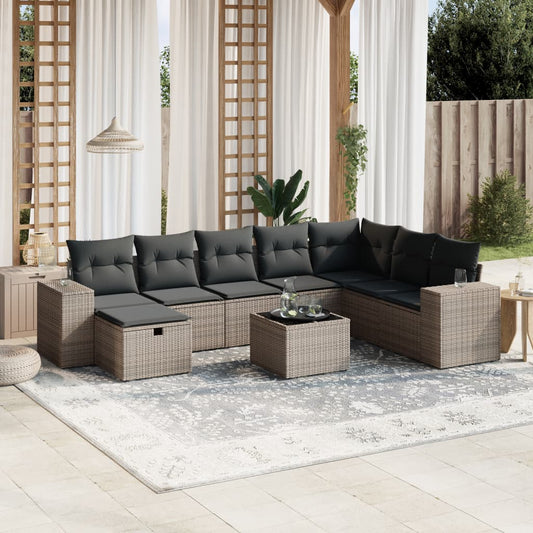 9-tlg. Garten-Sofagarnitur mit Kissen Grau Poly Rattan