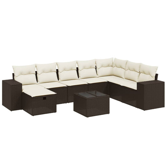 9-tlg. Garten-Sofagarnitur mit Kissen Braun Poly Rattan
