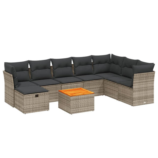 9-tlg. Garten-Sofagarnitur mit Kissen Grau Poly Rattan