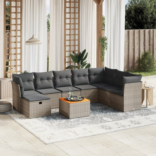 9-tlg. Garten-Sofagarnitur mit Kissen Grau Poly Rattan
