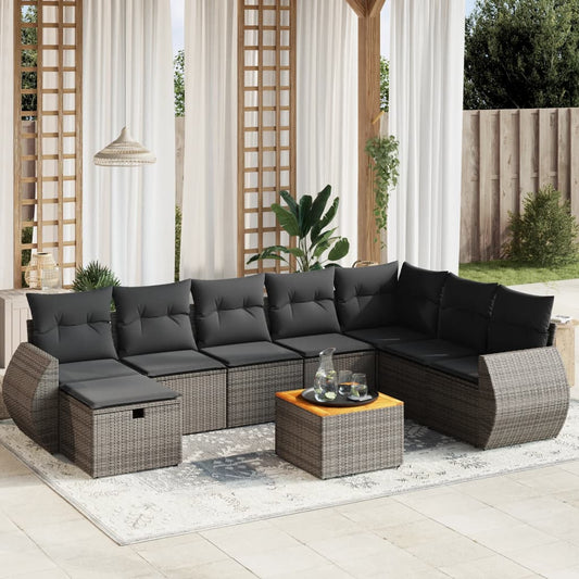 9-tlg. Garten-Sofagarnitur mit Kissen Grau Poly Rattan