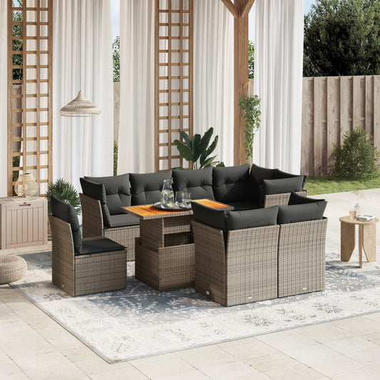 9-tlg. Garten-Sofagarnitur mit Kissen Grau Poly Rattan