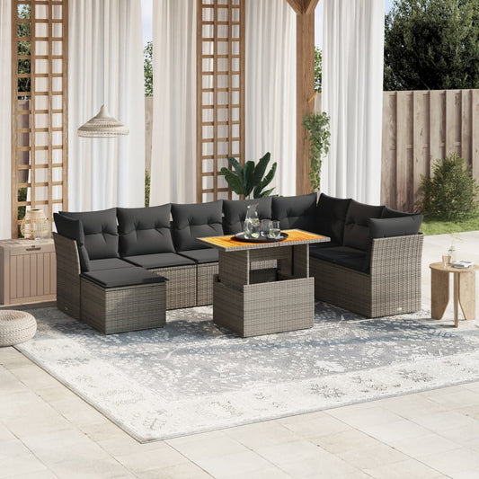 9-tlg. Garten-Sofagarnitur mit Kissen Grau Poly Rattan