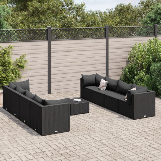 9-tlg. Garten-Lounge-Set mit Kissen Schwarz Poly Rattan
