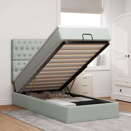 Ottoman-Bett mit Matratzen & LEDs Hellgrau 90x200 cm Samt