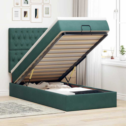 Ottoman-Bett mit Matratzen & LEDs Dunkelgrün 90x200 cm Samt