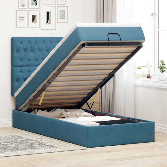 Ottoman-Bett mit Matratzen & LEDs Dunkelblau 90x200 cm Samt