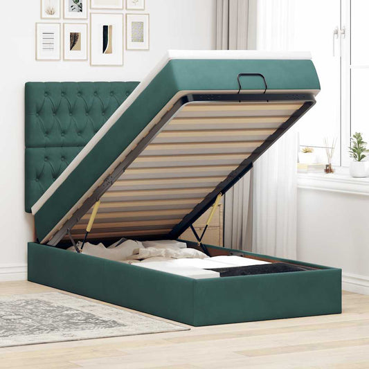 Ottoman-Bett mit Matratzen & LEDs Dunkelgrün 100x200 cm Samt