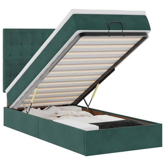 Ottoman-Bett mit Matratzen & LEDs Dunkelgrün 90x200 cm Samt