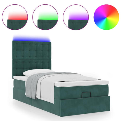 Ottoman-Bett mit Matratzen & LEDs Dunkelgrün 90x200 cm Samt