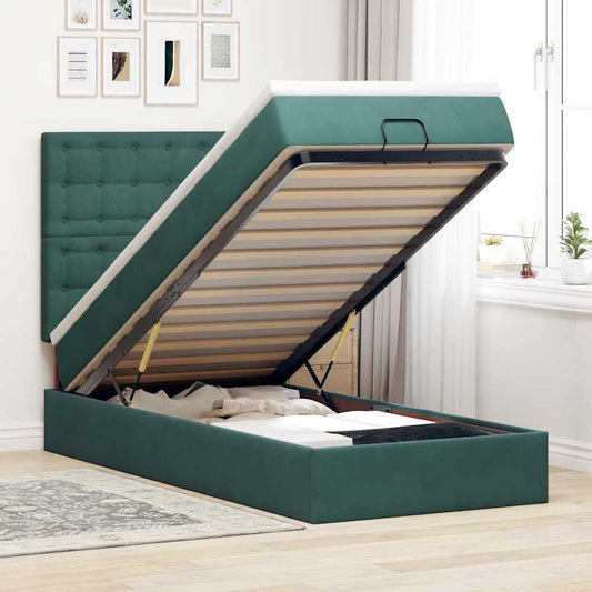 Ottoman-Bett mit Matratzen & LEDs Dunkelgrün 90x200 cm Samt