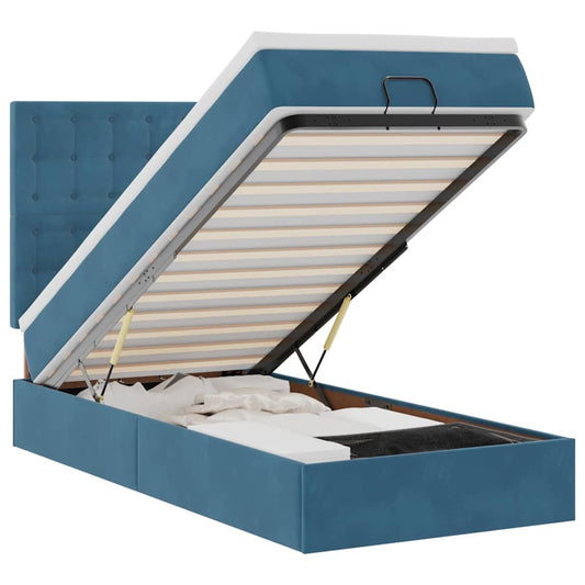 Ottoman-Bett mit Matratzen & LEDs Dunkelblau 90x200 cm Samt