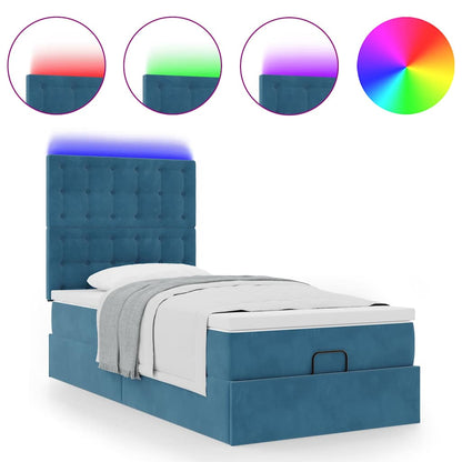 Ottoman-Bett mit Matratzen & LEDs Dunkelblau 90x200 cm Samt