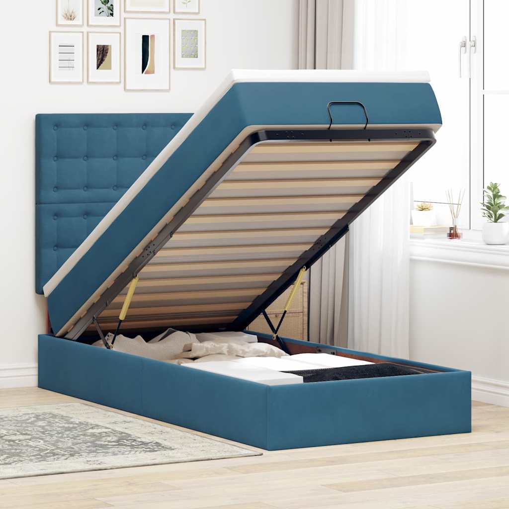 Ottoman-Bett mit Matratzen & LEDs Dunkelblau 90x200 cm Samt