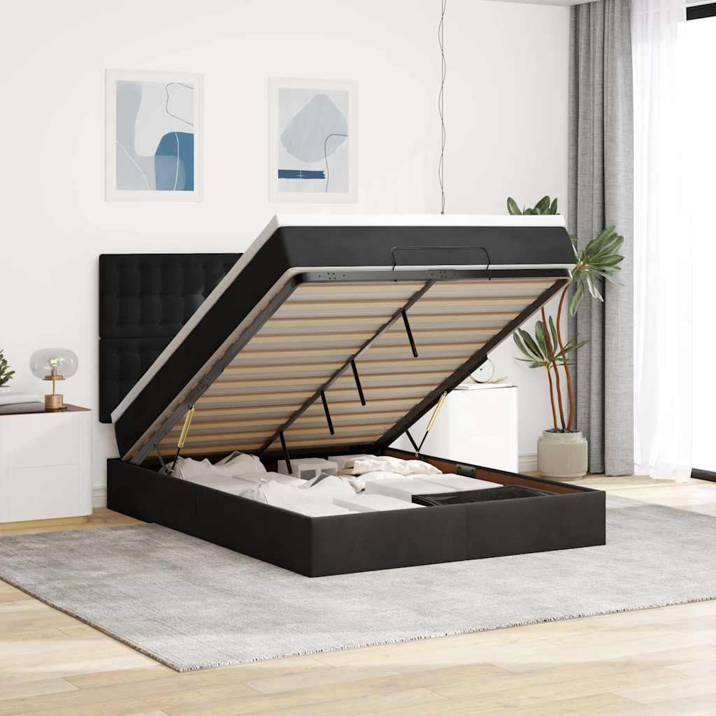 Ottoman-Bett mit Matratzen & LEDs Schwarz 140x200 cm Samt