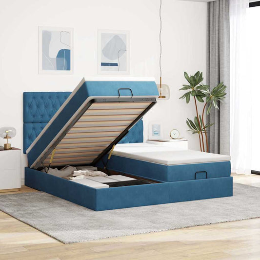 Ottoman-Bett mit Matratzen & LEDs Dunkelblau 180x200 cm Samt
