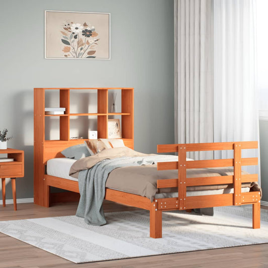 Massivholzbett mit Regal ohne Matratze Wachsbraun 75x190 cm