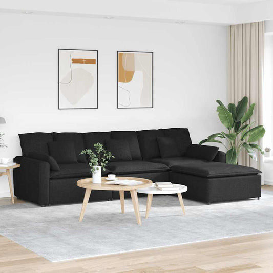Modulares Sofa mit Fußhocker und Kissen Schwarz