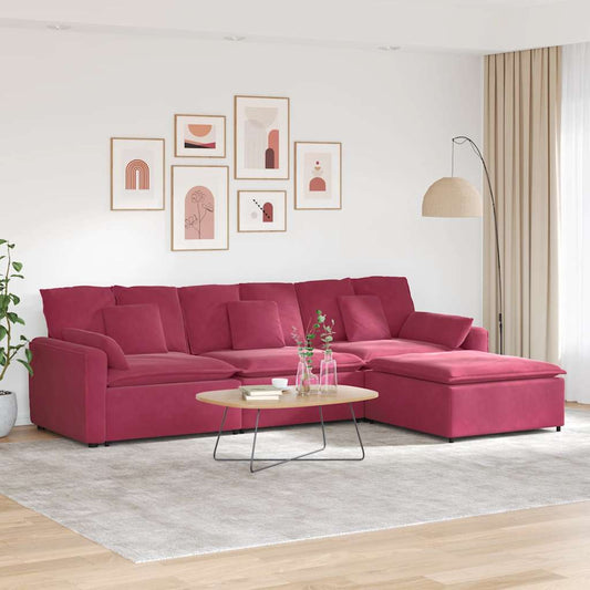 Modulares Sofa mit Fußhocker und Kissen Weinrot