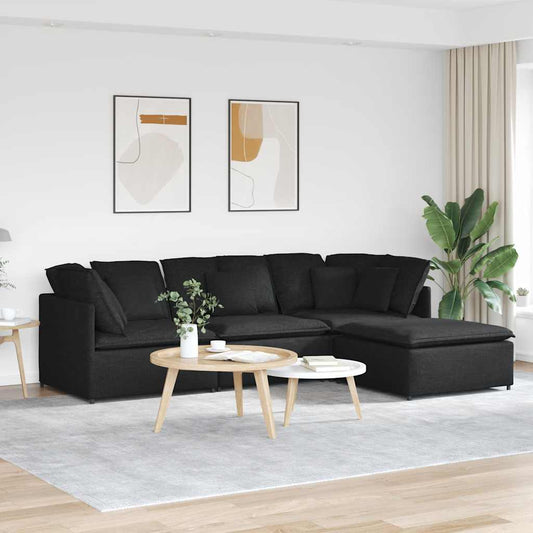 Modulares Sofa mit Fußhocker Kissen Stoff Schwarz