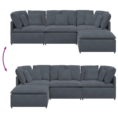 Modulares Sofa mit Fußhocker Kissen Samt Dunkelgrau