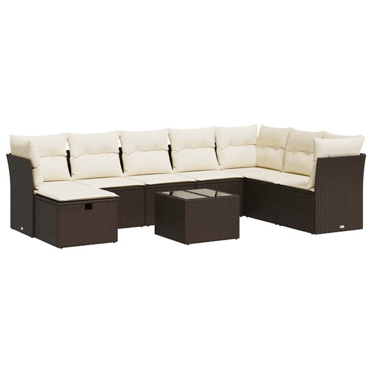 9-tlg. Garten-Sofagarnitur mit Kissen Braun Poly Rattan