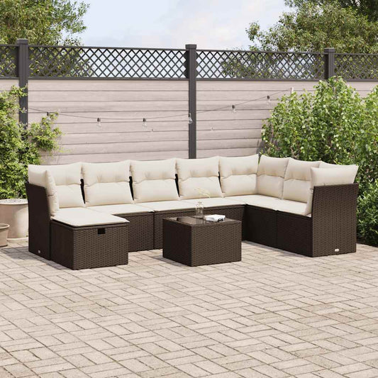 9-tlg. Garten-Sofagarnitur mit Kissen Braun Poly Rattan