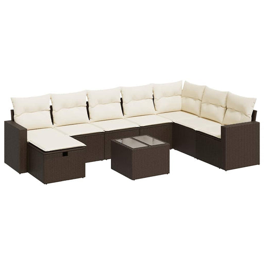 9-tlg. Garten-Sofagarnitur mit Kissen Braun Poly Rattan
