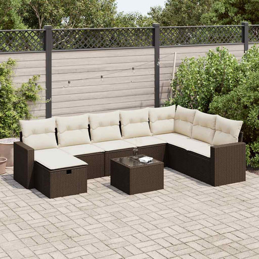 9-tlg. Garten-Sofagarnitur mit Kissen Braun Poly Rattan