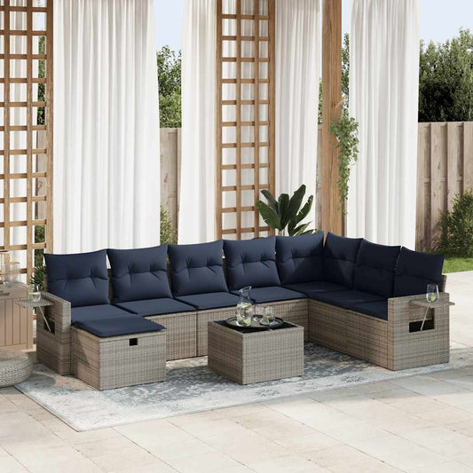 9-tlg. Garten-Sofagarnitur mit Kissen Grau Poly Rattan