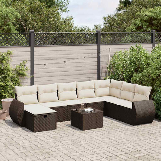 9-tlg. Garten-Sofagarnitur mit Kissen Braun Poly Rattan
