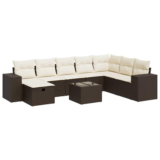 9-tlg. Garten-Sofagarnitur mit Kissen Braun Poly Rattan