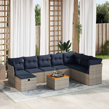 9-tlg. Garten-Sofagarnitur mit Kissen Grau Poly Rattan