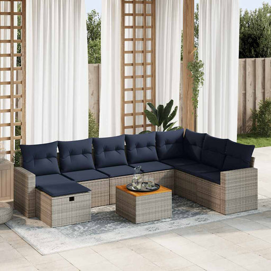 9-tlg. Garten-Sofagarnitur mit Kissen Grau Poly Rattan