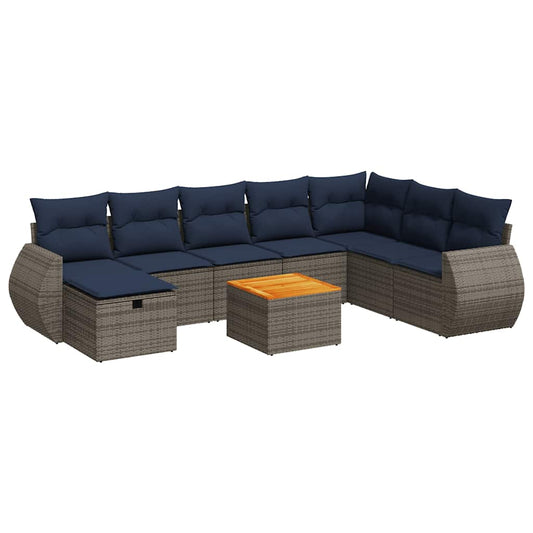 9-tlg. Garten-Sofagarnitur mit Kissen Grau Poly Rattan