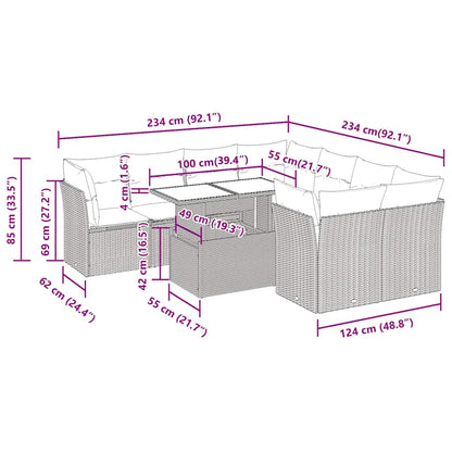9-tlg. Garten-Sofagarnitur mit Kissen Grau Poly Rattan