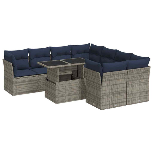 9-tlg. Garten-Sofagarnitur mit Kissen Grau Poly Rattan Akazie
