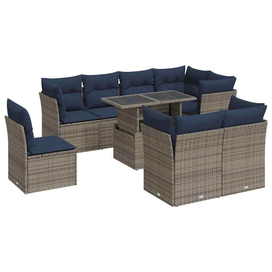 9-tlg. Garten-Sofagarnitur mit Kissen Grau Poly Rattan Akazie