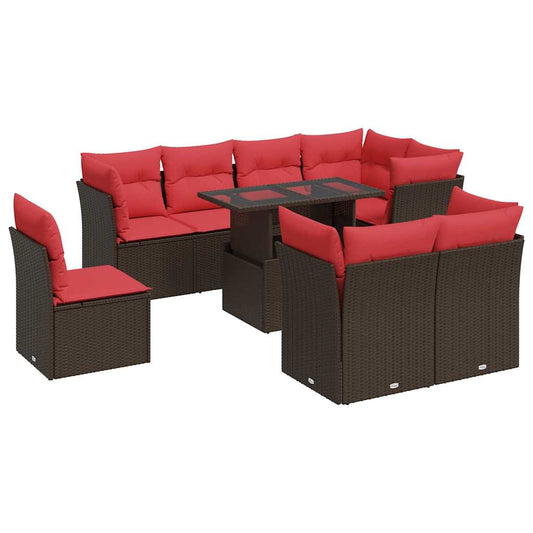 9-tlg. Garten-Sofagarnitur mit Kissen Braun Poly Rattan Akazie