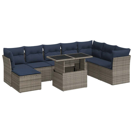 9-tlg. Garten-Sofagarnitur mit Kissen Grau Poly Rattan Akazie