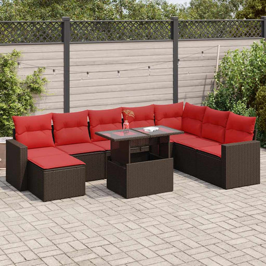 9-tlg. Garten-Sofagarnitur mit Kissen Braun Poly Rattan Akazie