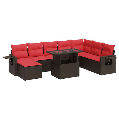 9-tlg. Garten-Sofagarnitur mit Kissen Braun Poly Rattan Akazie