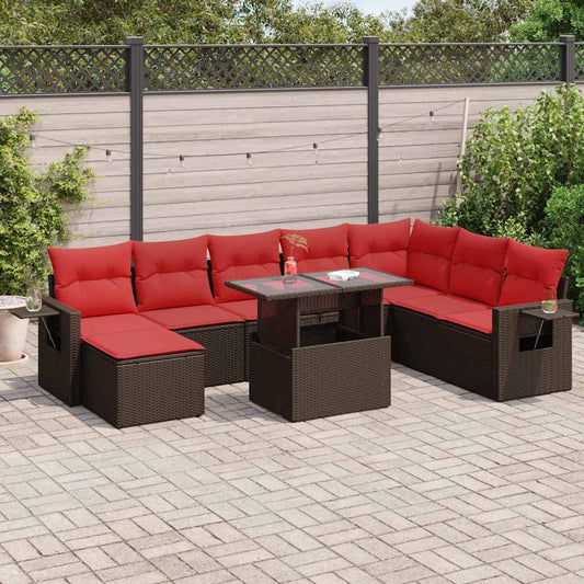 9-tlg. Garten-Sofagarnitur mit Kissen Braun Poly Rattan Akazie