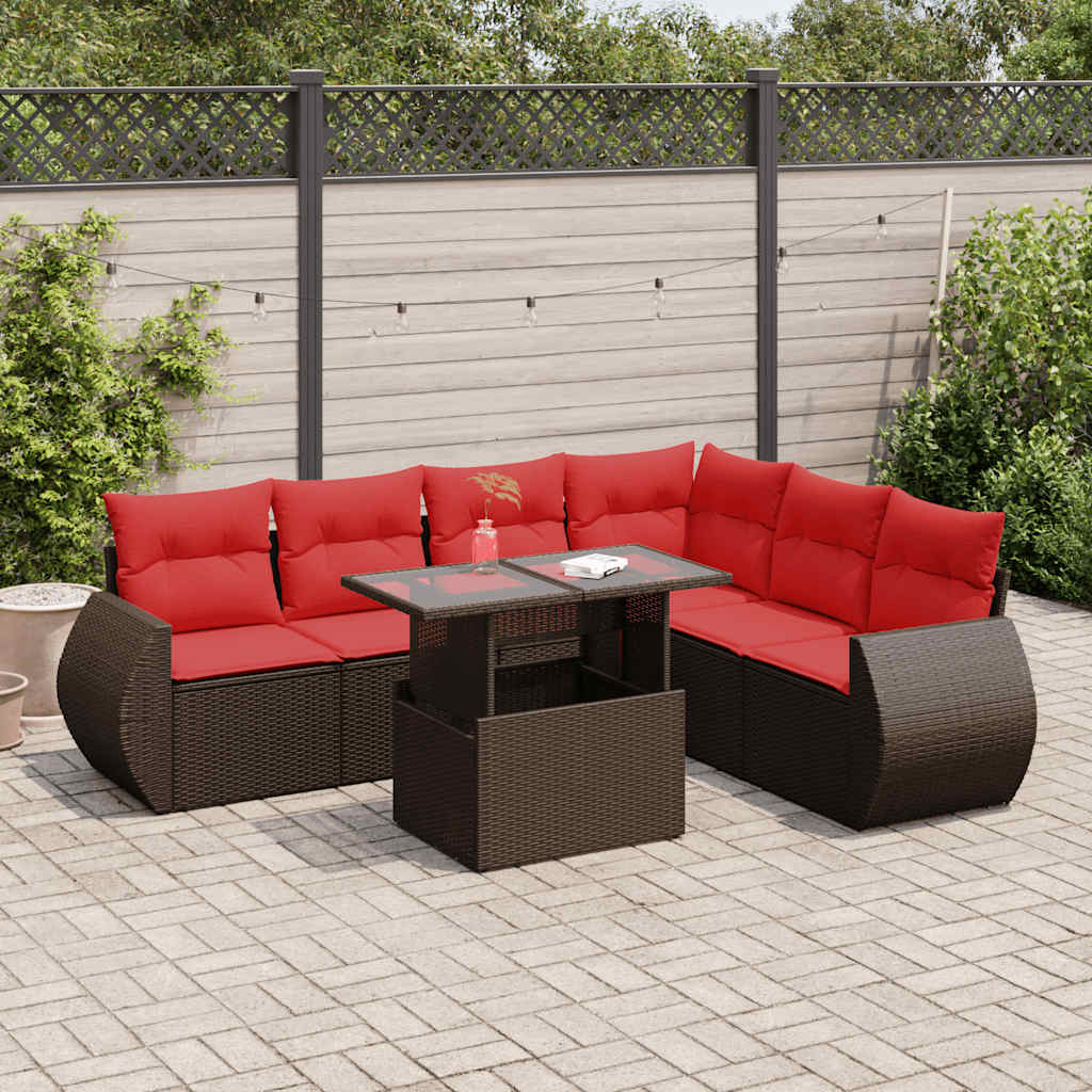 7-tlg. Garten-Sofagarnitur mit Kissen Braun Poly Rattan Akazie