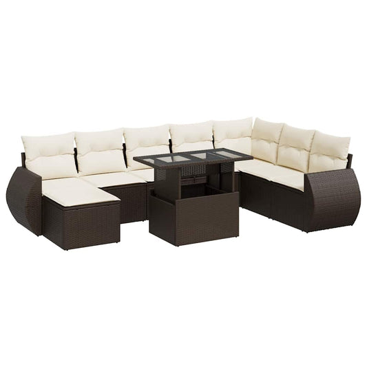 9-tlg. Garten-Sofagarnitur mit Kissen Braun Poly Rattan