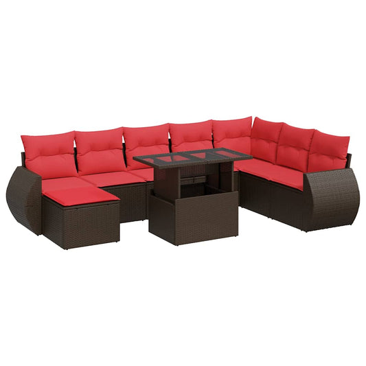9-tlg. Garten-Sofagarnitur mit Kissen Braun Poly Rattan Akazie
