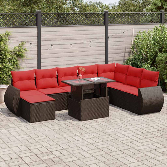 9-tlg. Garten-Sofagarnitur mit Kissen Braun Poly Rattan Akazie