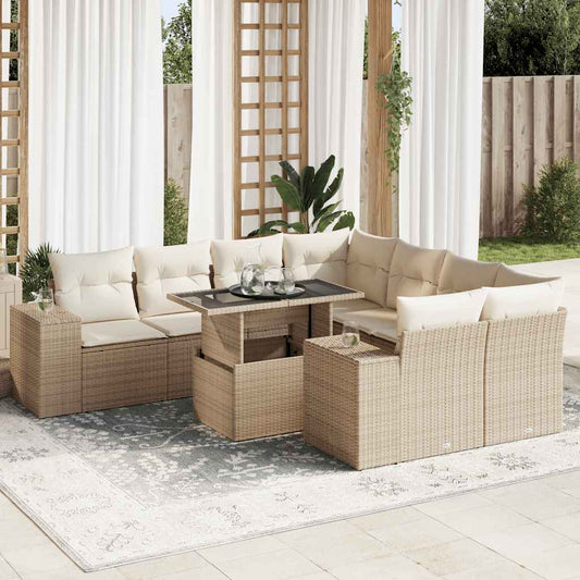 9-tlg. Garten-Sofagarnitur mit Kissen Beige Poly Rattan
