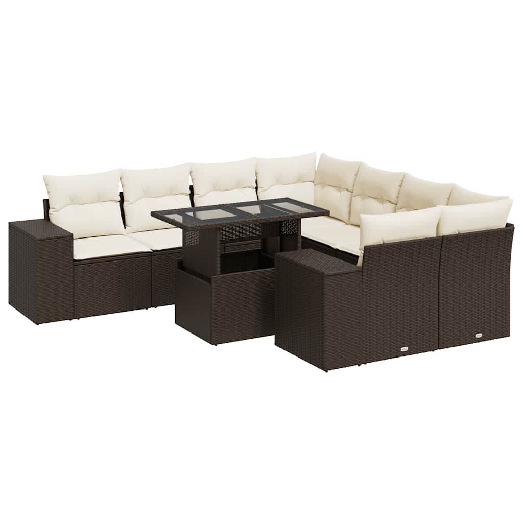 9-tlg. Garten-Sofagarnitur mit Kissen Braun Poly Rattan
