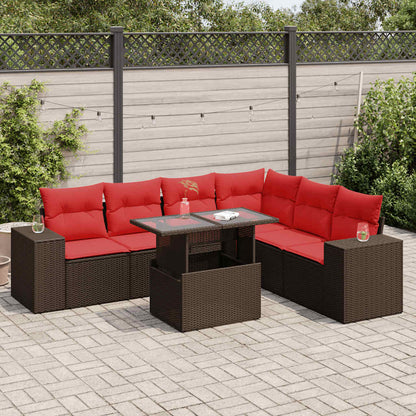 7-tlg. Garten-Sofagarnitur mit Kissen Braun Poly Rattan Akazie